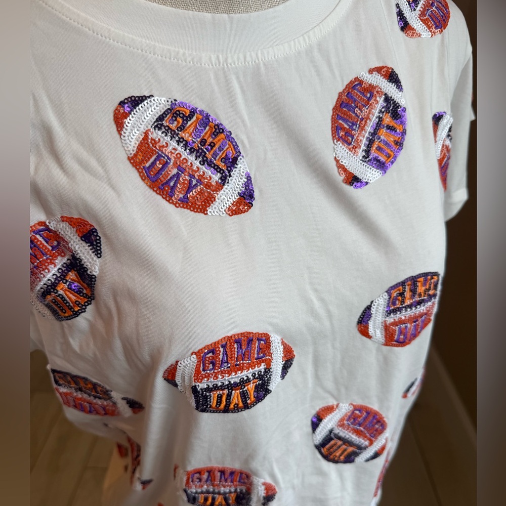 New! QUEEN OF SPARKLES Sequin Orange and Purple Game Day Football Tee - Picture 4 of 8